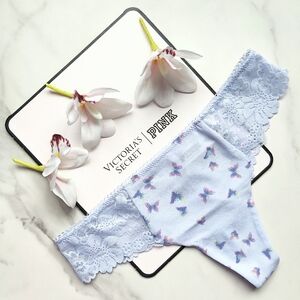 NWT PINK VICTORIA'S SECRET NO-SHOW LACE-TRIM THONG PANTY IN SOFT IRIS BUTTERFLY
